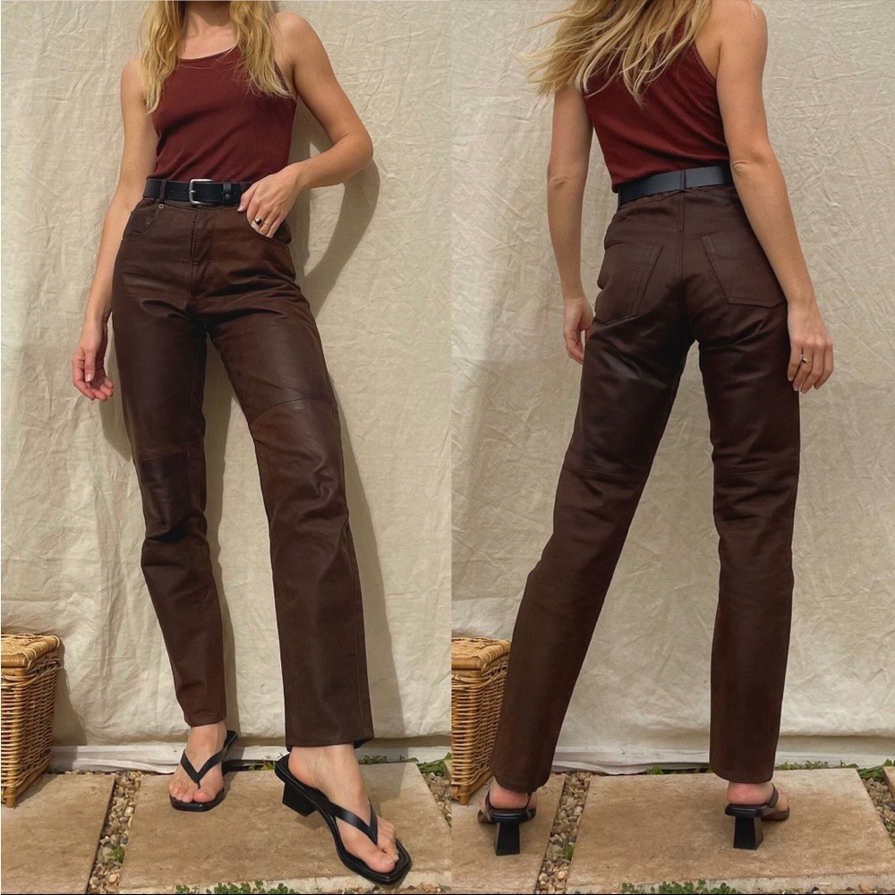 Vintage ‘80s brown leather high rise trousers / slim straight leg /biker/women - Picture 2 of 9